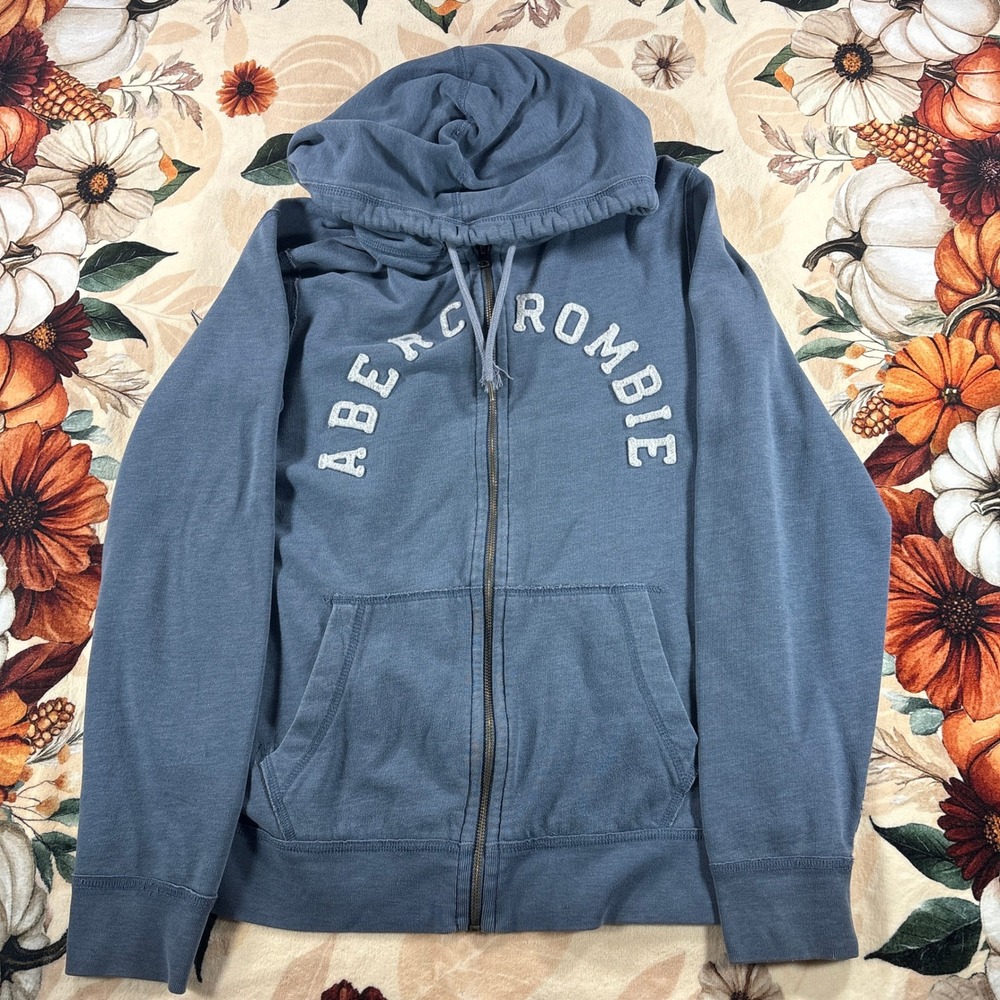 Y2K Abercrombie Fitch Mens Full Zip Hoodie Denim Blue Spellout Logo Medium